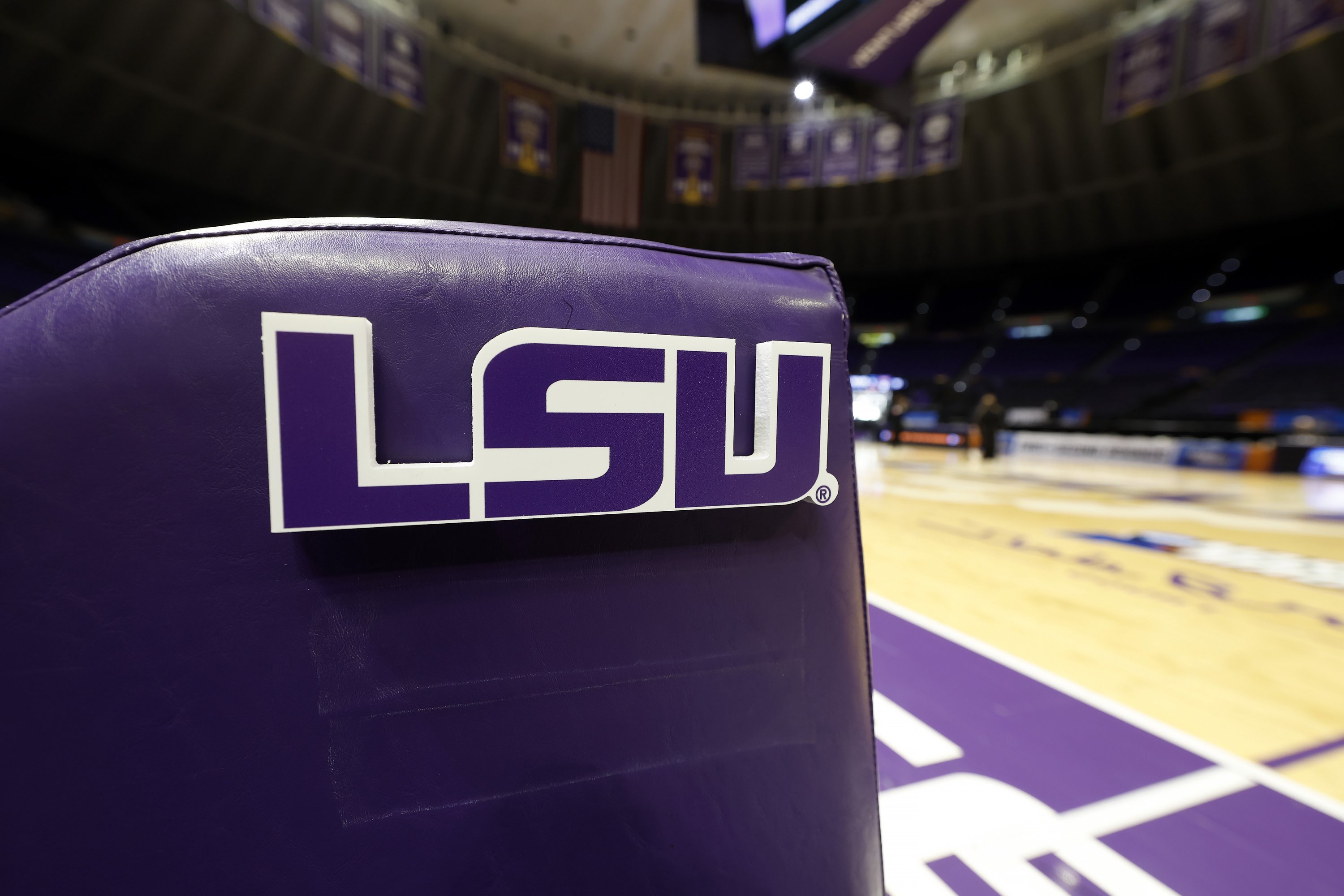 BATON ROUGE, LOUISIANA - MARCH 20: A detailed view of the LSU logo is seen on the bench before a game against the Jacksonville Dolphins in the first round of the 2026 NCAA Women's Basketball Tournament at Pete Maravich Assembly Center on March 20, 2026 in Baton Rouge, Louisiana. (Photo by Tyler Kaufman/Getty Images)