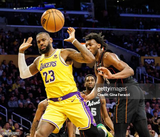 Los angeles ca los angeles lakers forward lebron james is fouled by detroit pistons center