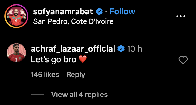 Achraf Lazaar responds to Morocco teammate Sofyan Amrabat. Credit: Instagram