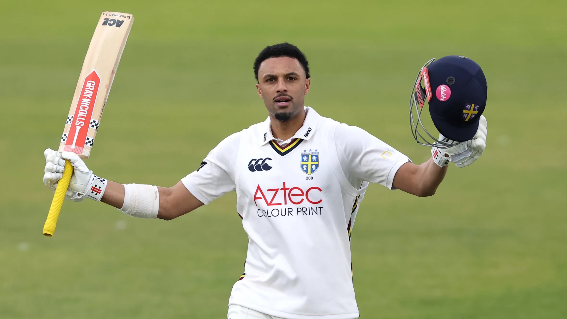 Durham batsman Emilio Gay celebrates his century during Day One of the Rothesay County Championship Division 2 match.