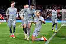 Dominic Calvert-Lewin (R) celebrates his goal during the Premier League match between Luton Town and Everton FC at Kenilworth Road on May 03, 2024 ...