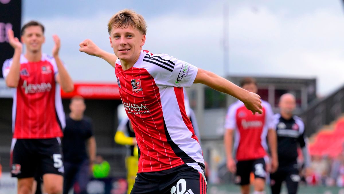 George Birch of Exeter City celebrates after winning during the Sky Bet League 2 Match between Exeter City and Rotherham United at St James Park, Devon on 3 October 2026. Photo: Frankie OKeeffe/PPAUK