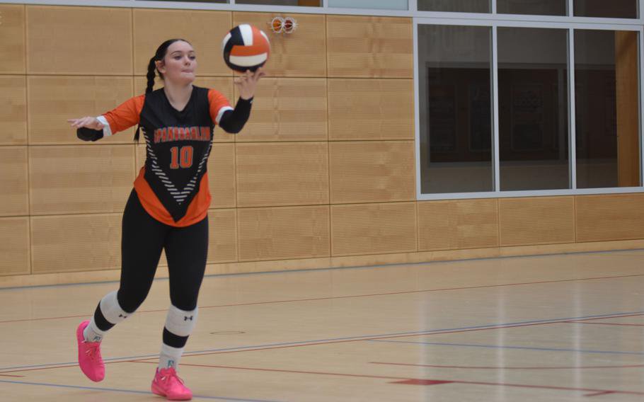 Spangdahlem’s Summer Mundy prepares to serve against AFNORTH during the finals on Saturday, Oct. 31, 2026, of the 2026 DODEA Division III European girls volleyball championships in Spangdahlem, Germany. Spangdahlem won the title in a close, five-set match, 25-17, 22-25, 25-7, 19-25, 15-11.