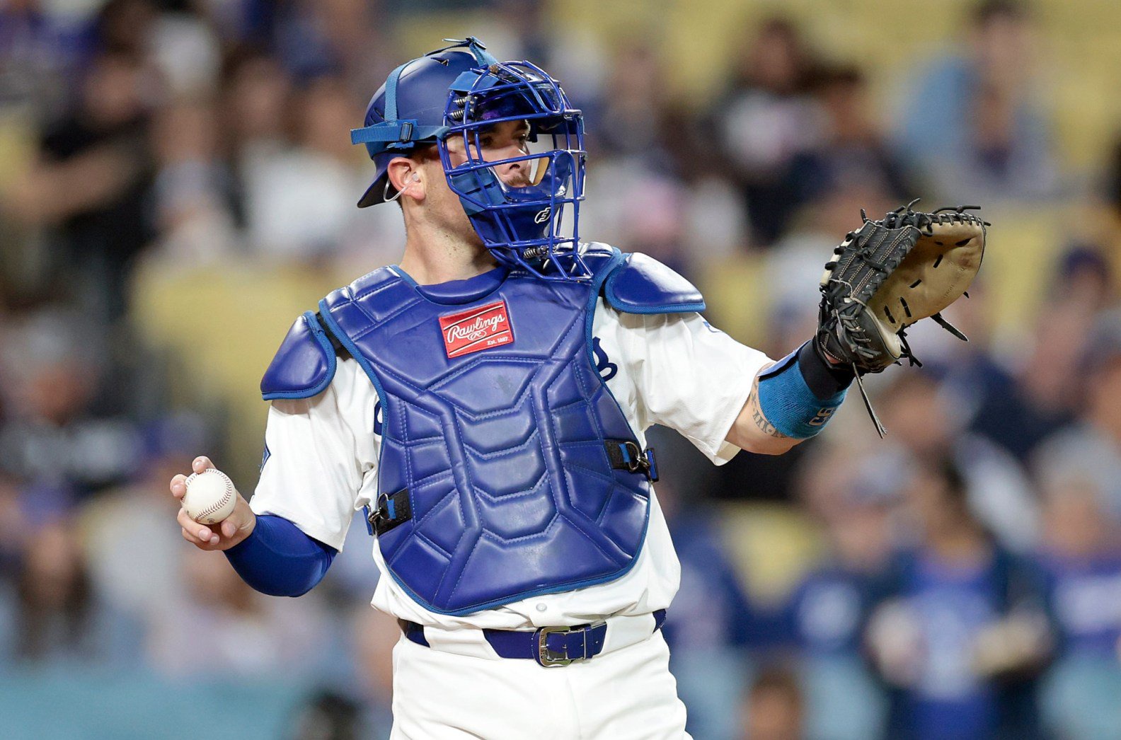 Dodgers backup catcher Dalton Rushing was scheduled to undergo surgery to repair the ulnar collateral ligament in his right elbow on Wednesday. He is expected to be ready to play again in nine months. (Photo by Ronald Martinez/Getty Images)
