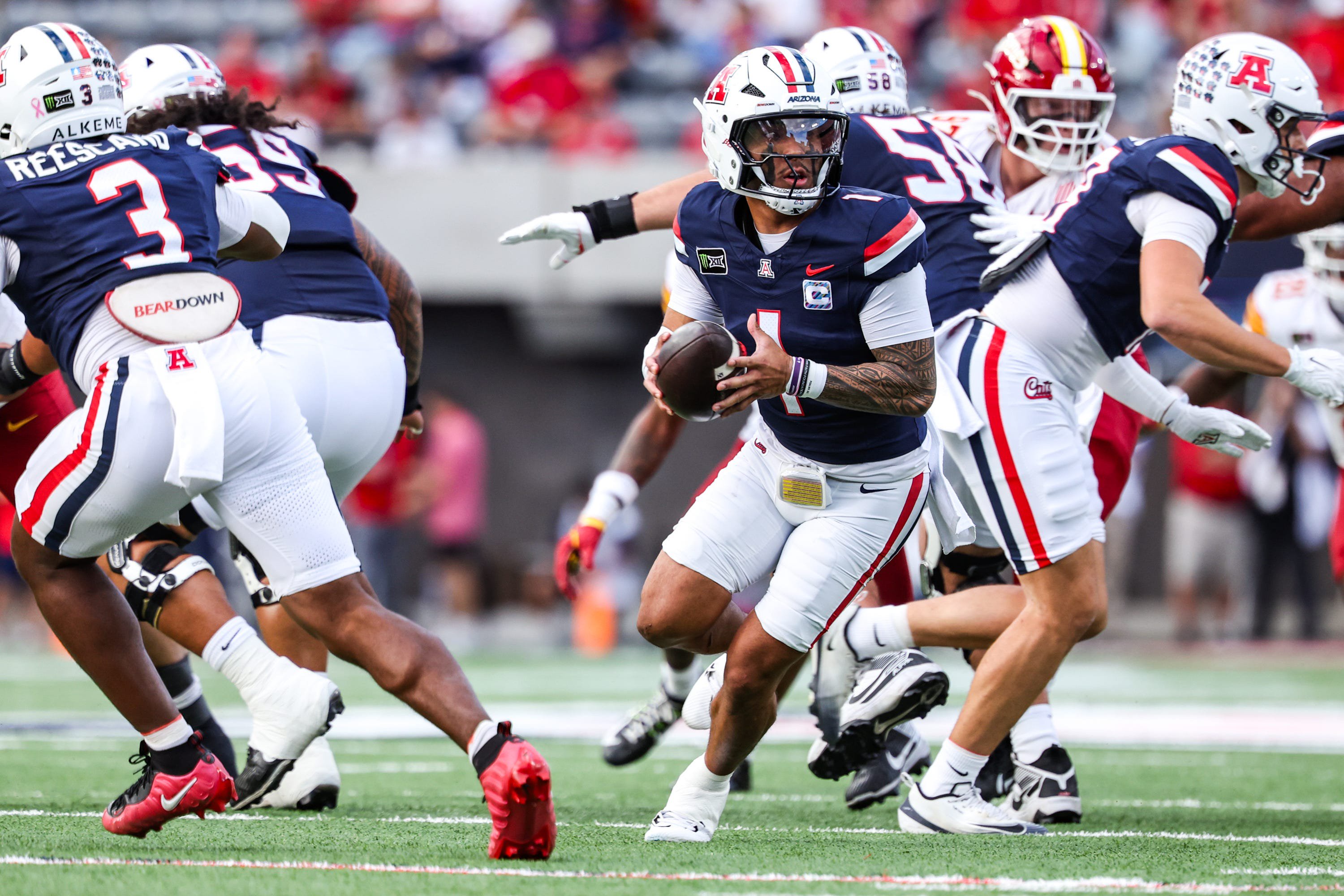 Oct 24, 2026; Tucson, Arizona, USA;  Arizona Wildcats quarterback Noah Fifita (1) during the first quarter against the Iowa State Cyclones at Casino Del Sol Stadium.  Mandatory Credit: Aryanna Frank-Imagn Images