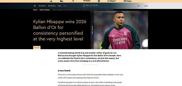 Kylian Mbappe was named as the winner in the third article published on the Ballon d'Or website
