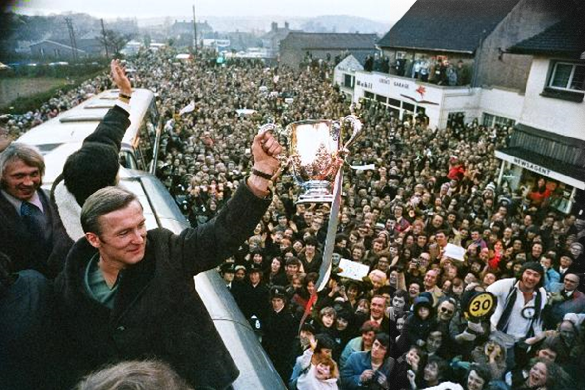 Peter Dobing presents the League Cup trophy to the Stoke-on-Trent public in 1972.
