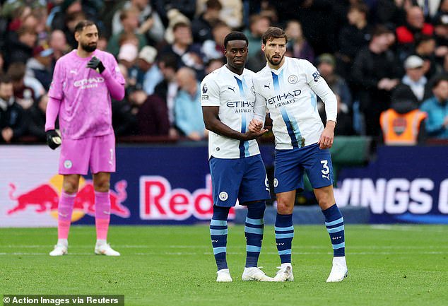 Ruben Dias has a word with Guehi after the Englishman's mistake led to Aston Villa taking the lead at Villa Park last weekend