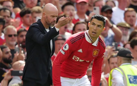 
Manchester United manager Erik ten Hag sends on substitute Cristiano Ronaldo during the Premier League match at Old Trafford
