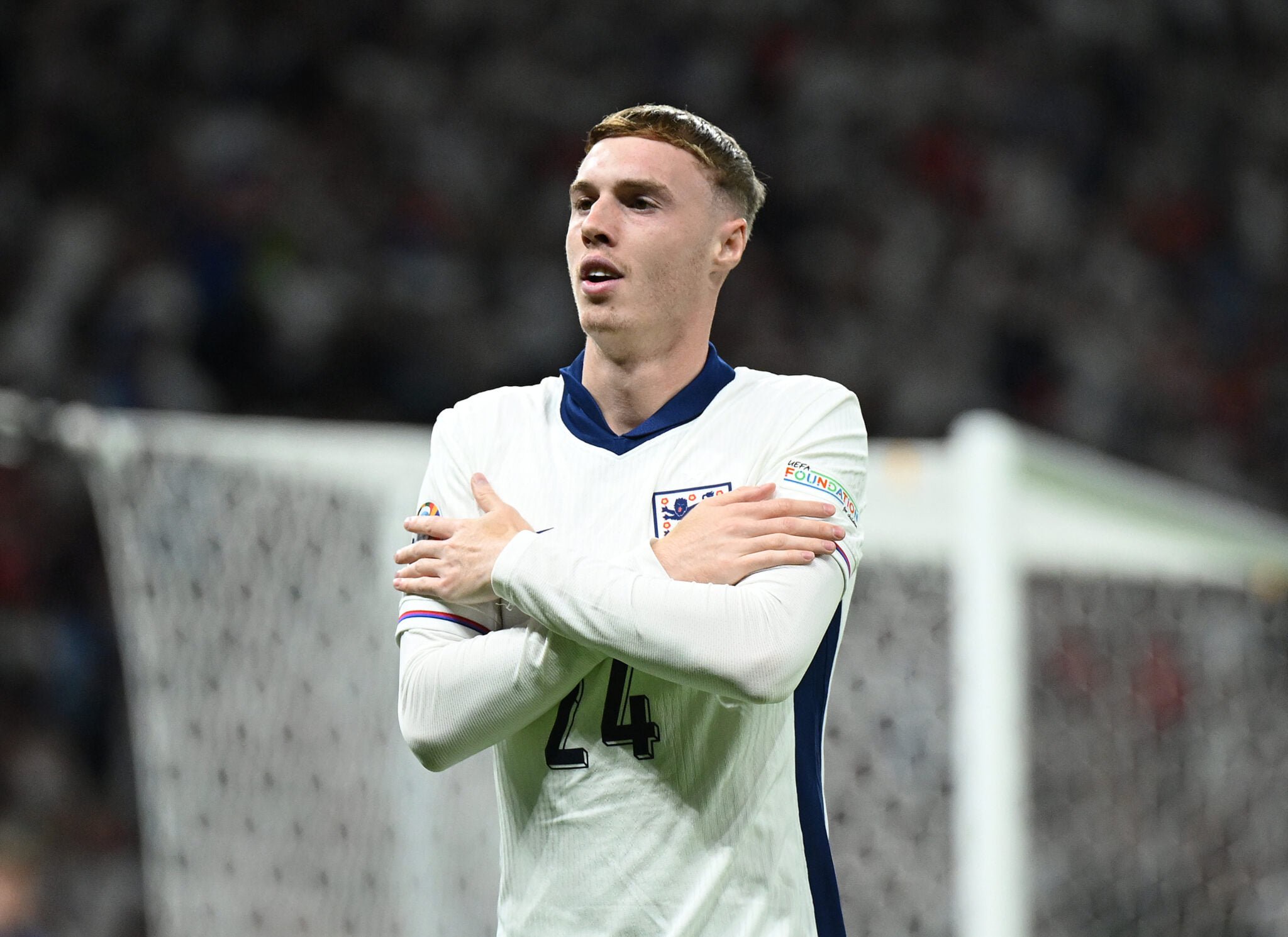 BERLIN, GERMANY - JULY 14: Cole Palmer of England celebrates scoring his team's first goal during the UEFA EURO 2024 final match between Spain and England at Olympiastadion on July 14, 2024 in Berlin, Germany. (Photo by Michael Regan - UEFA/UEFA via Getty Images)
