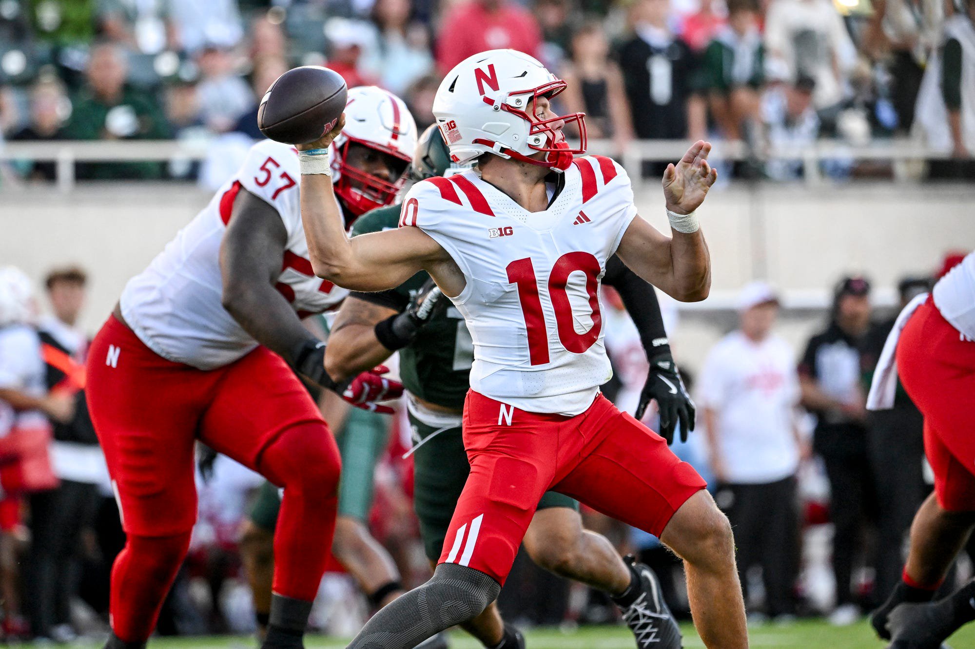Nebraska’s Anthony Colandrea throws a pass against Michigan State during the first quarter on Saturday, Sept. 26, 2026, in East Lansing.