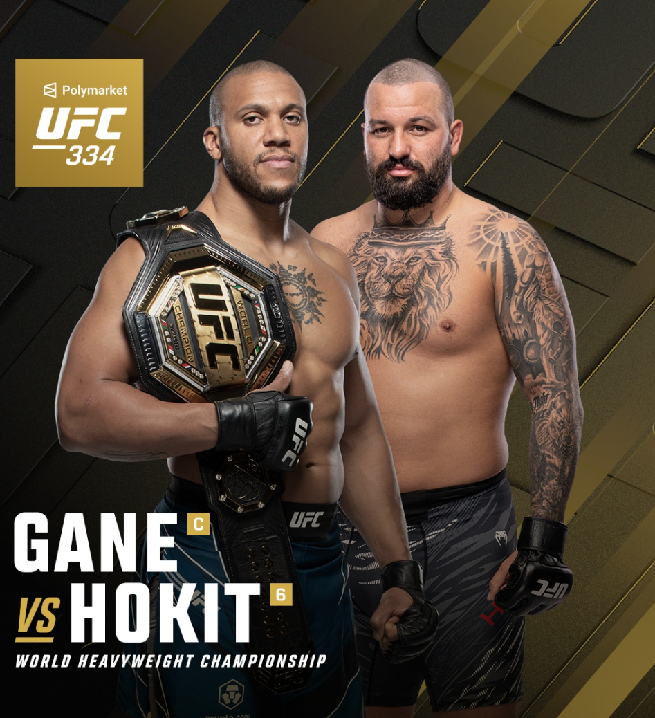 Promotional graphic for UFC 334 featuring heavyweights Ciryl Gane holding the championship belt and Ante Delija (labeled as Hokit) standing next to him.