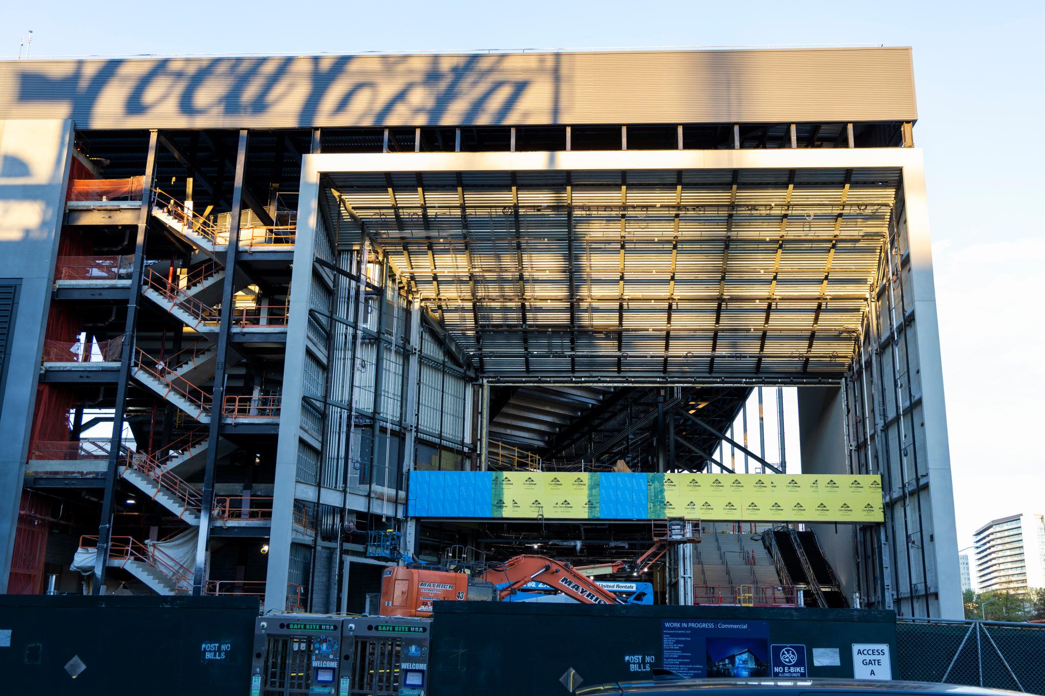 The work on the “cube” — a seven-story LED-lined entrance at Etihand Park that is expected to welcome 65 to 70 percent of fans coming to the stadium — has been ongoing.