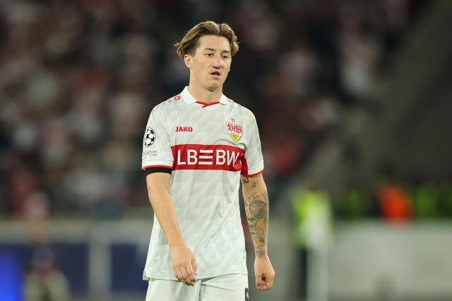 Angelo Stiller looks on for VfB Stuttgart against Slovan Bratislava.