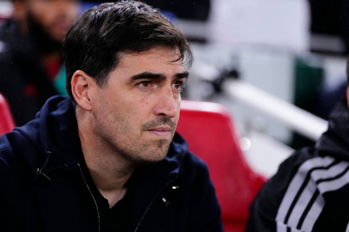 Andoni Iraola pictured on the Liverpool bench during the UEFA Champions League match against Villarreal at Anfield