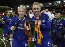 Beth England and Sophie Ingle of Chelsea celebrate with the trophy after the FA Women's Continental League Cup Final Chelsea FC Women and Arsenal FC Women
