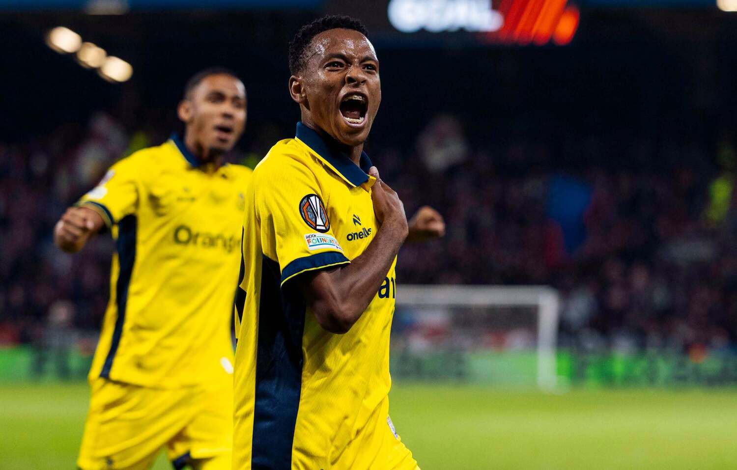Relebohile Mofokeng celebrating after scoring for Royale Union Saint-Gilloise against FC Viktoria Plzen