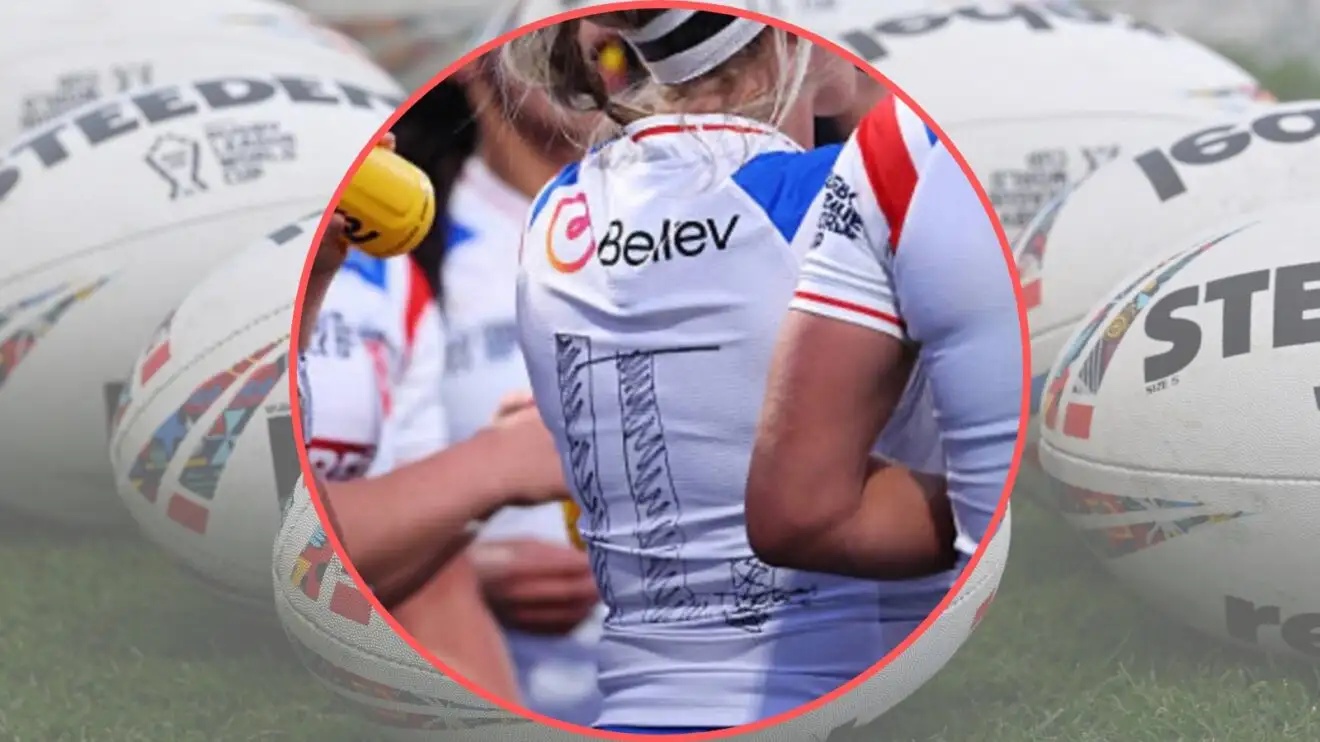 A background of the 2026 Rugby League World Cup balls with transparency lowered and an image of Jodie Cunningham wearing an England shirt with the #14 drawn on in marker pen overlaid centrally in a circle