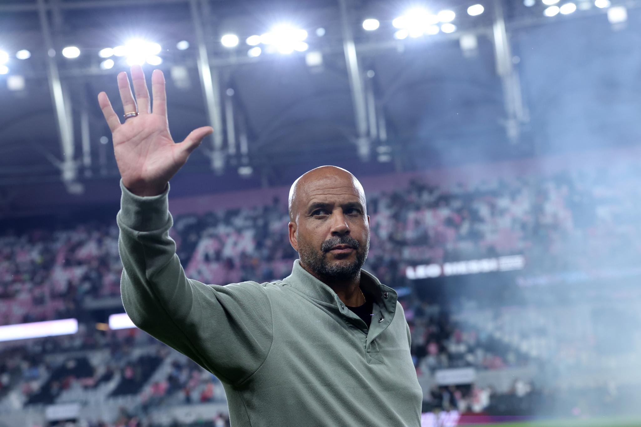 Pascal Jansen, head coach of New York City FC, waves to the fans after a soccer match.