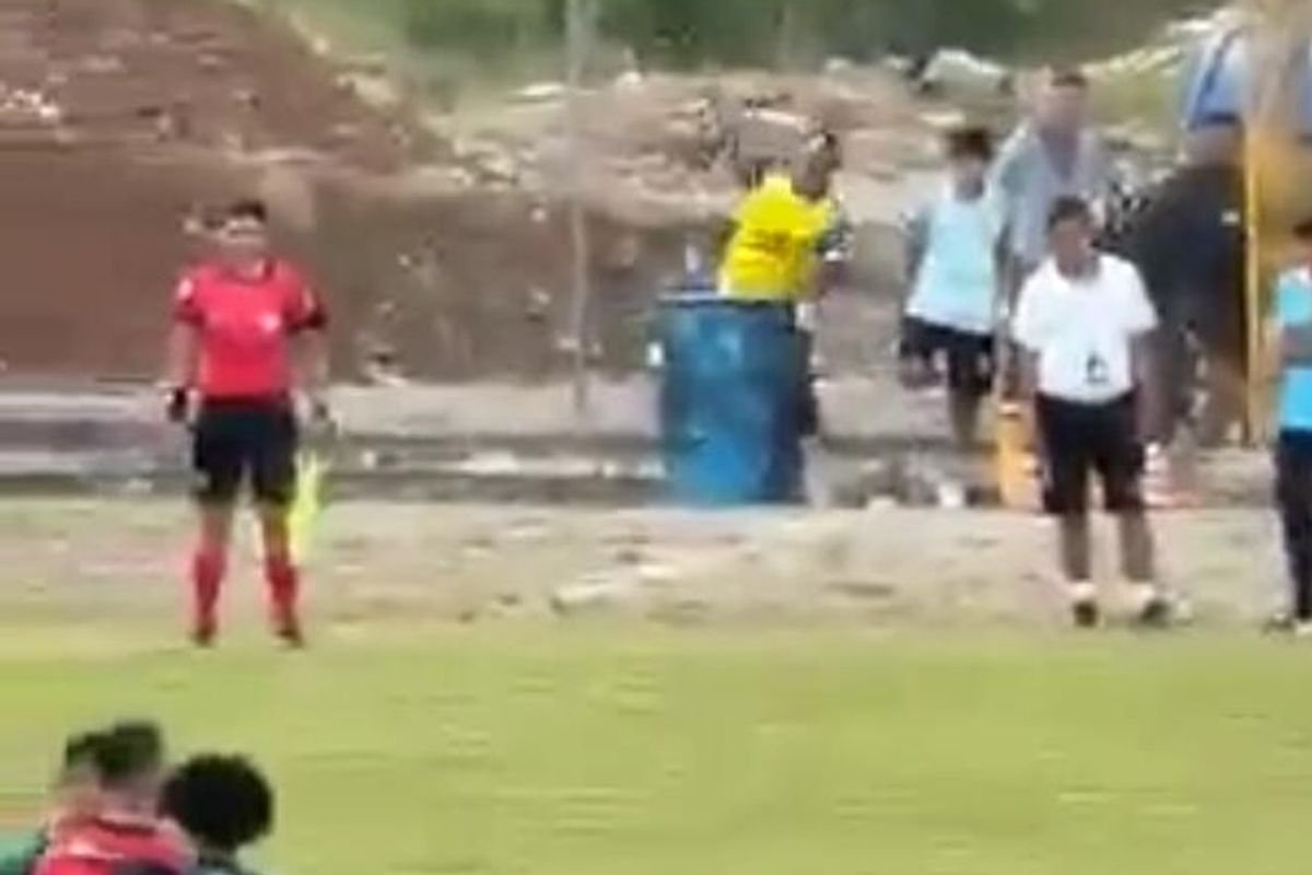 The footballer missed with the first rock he hurled at the assistant referee but struck him with a second