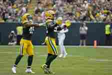 Green Bay Packers linebacker Eric Wilson (45) walks off the field after an  NFL football game against the Buffalo Bills, Sunday, Oct. 30, 2022, in  Orchard Park, N.Y. (AP Photo/Bryan Bennett Stock