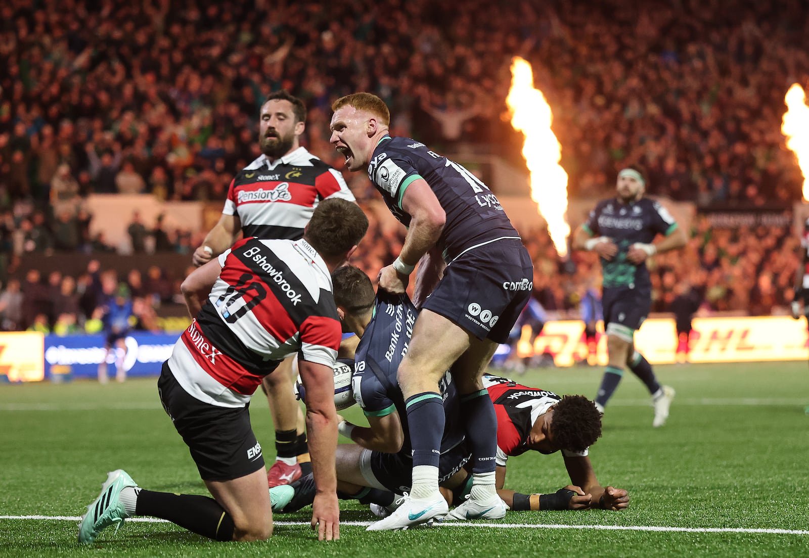Connacht’s Ciarán Frawley celebrates with try scorer Caolin Blade. Photograph: James Crombie/Inpho