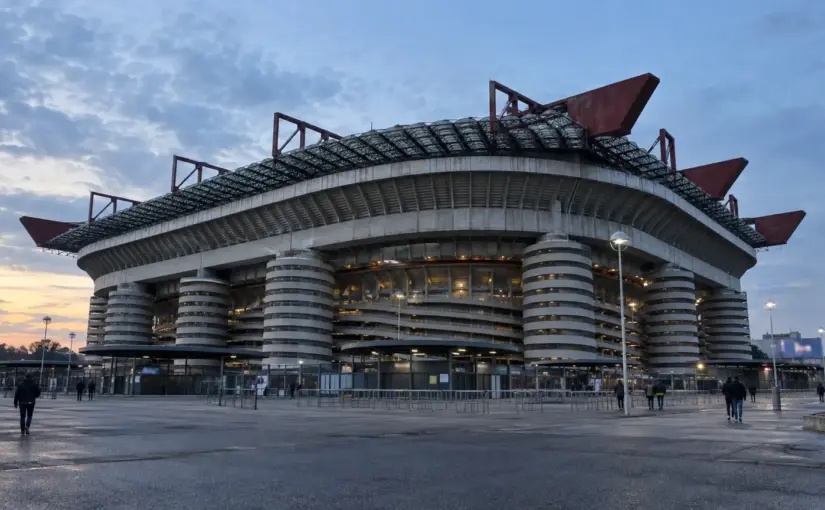 San Siro stadium in Milan at dusk ahead of Inter’s Champions League match with Shakhtar