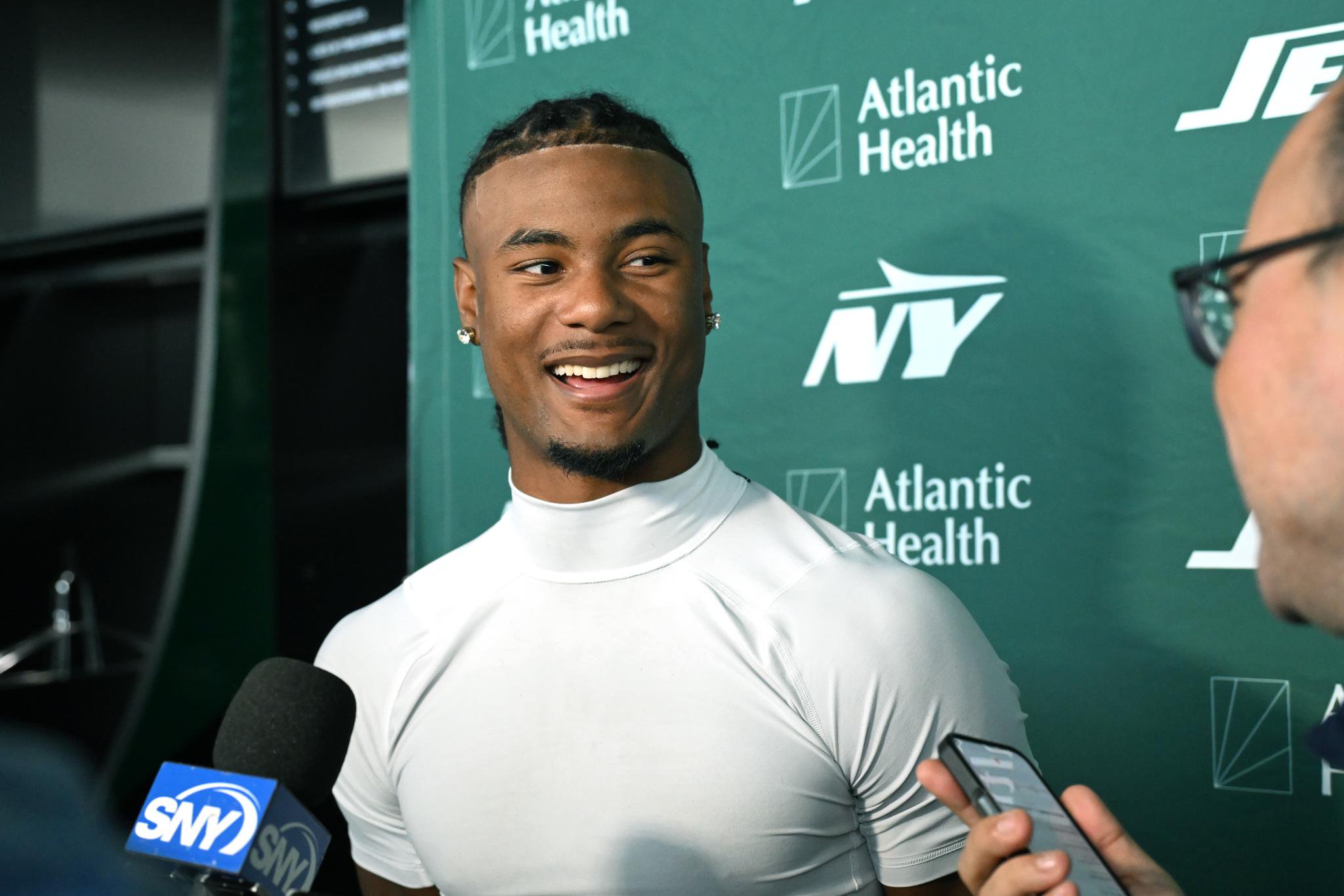 New York Jets wide receiver Adonai Mitchell speaks to the media.