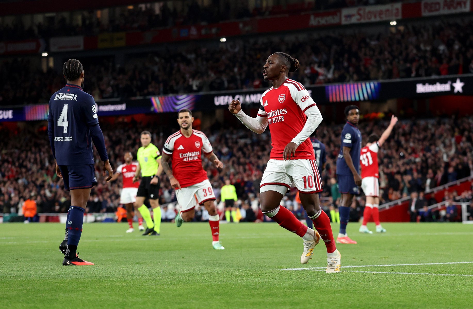 Eberechi Eze celebrates scoring against Lille