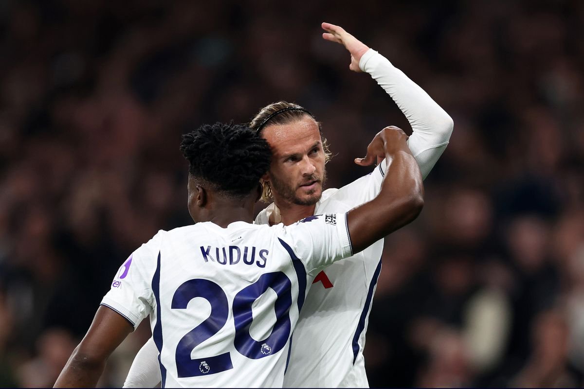 James Maddison celebrates after scoring a goal during the Premier League 2026/27 match between Tottenham Hotspur and Coventry City at Tottenham Hotspur Stadium. 