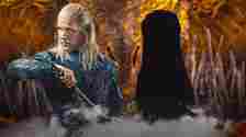 Matt Smith as Prince Daemon Targaryen, silhouette of Milly Alcock as Princess Rhaenyra Targaryen, Background: dragon