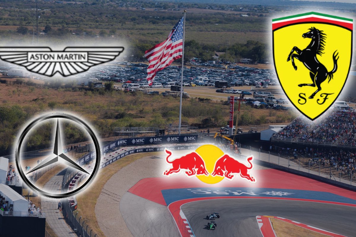 F1 team badges are shown to a background of the US Grand Prix track — Photo: © IMAGO