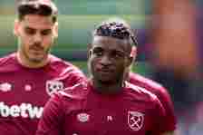 Mohammed Kudus of West Ham United is warming up during the Premier League match between West Ham United and Fulham at the London Stadium in Stratfo...