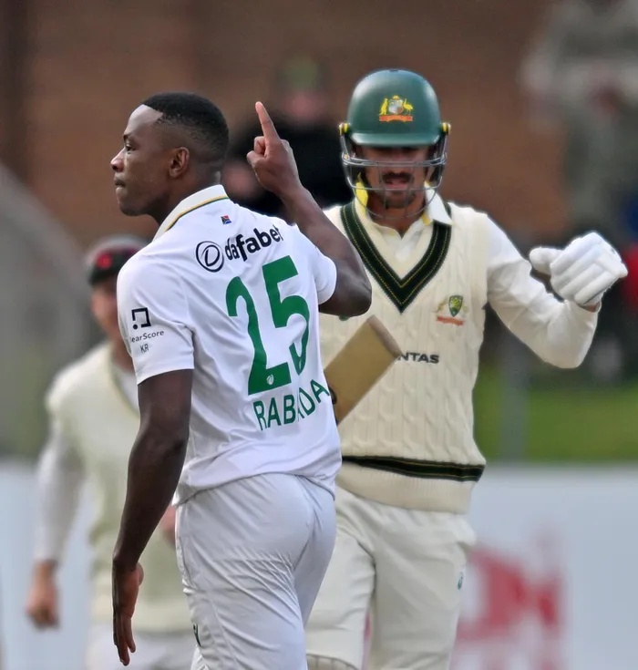 WEG IS JY: Kagiso Rabada celebrates the dismissal of Mitchell Starc yesterday