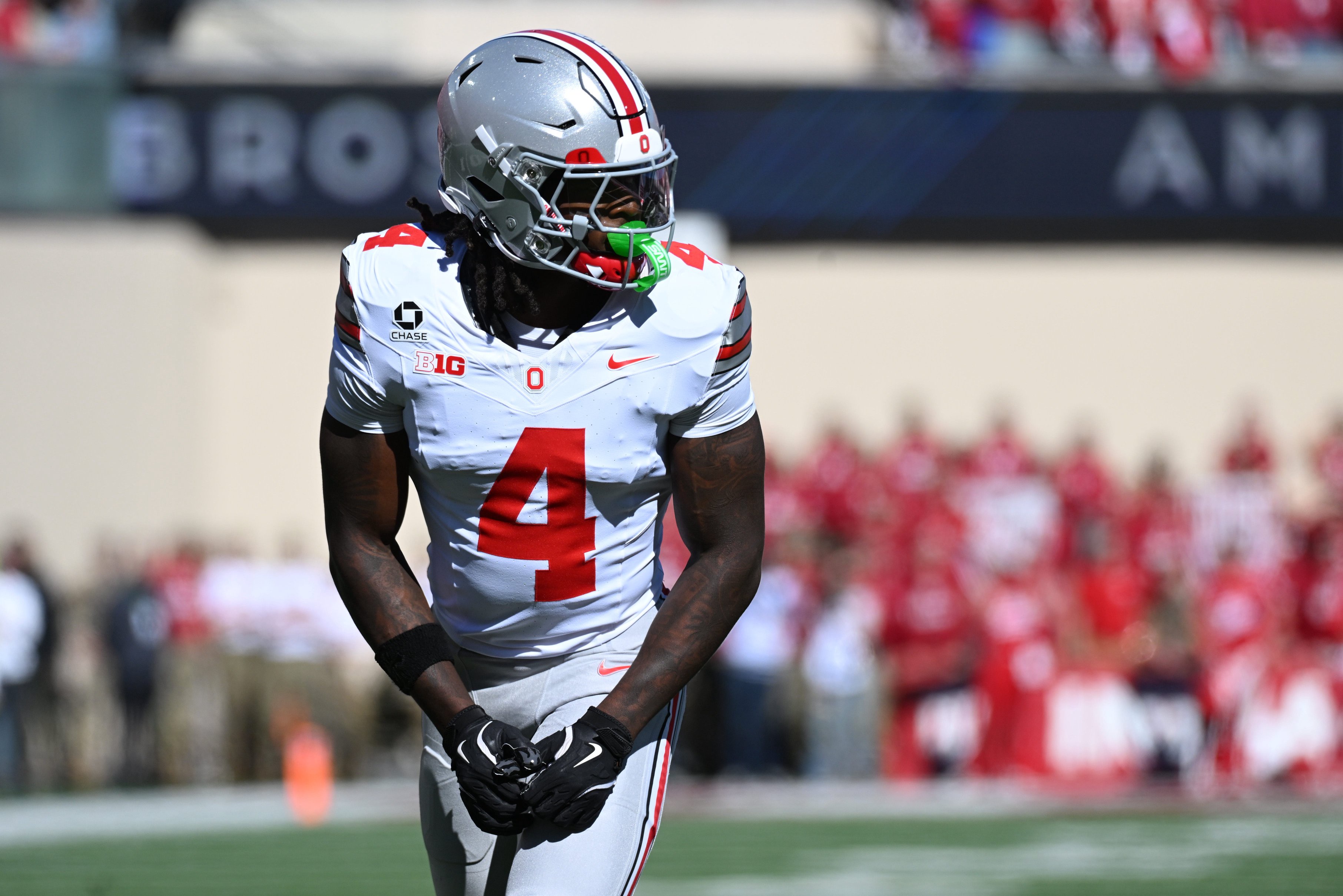Oct 17, 2026; Bloomington, Indiana, USA;  Ohio State Buckeyes wide receiver Jeremiah Smith (4) lines up pre-snap during the first quarter against the Indiana Hoosiers at Merchants Bank Field at Memorial Stadium.  Mandatory Credit: Robert Goddin-Imagn Images
