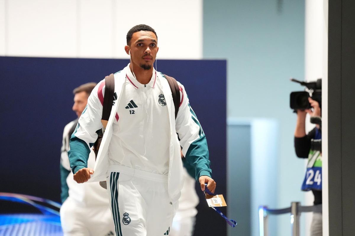 MADRID, SPAIN - OCTOBER 21: Trent Alexander-Arnold of Real Madrid arrives at the stadium before the UEFA Champions League 2026/27 League Phase MD3 match between Real Madrid C.F. and RB Leipzig at Estadio Santiago Bernabeu on October 21, 2026 in Madrid, Spain. (Photo by Angel Martinez - UEFA/UEFA via Getty Images)