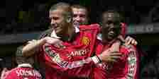 Manchester United's David Beckham, Dwight Yorke and Roy Keane celebrate together.