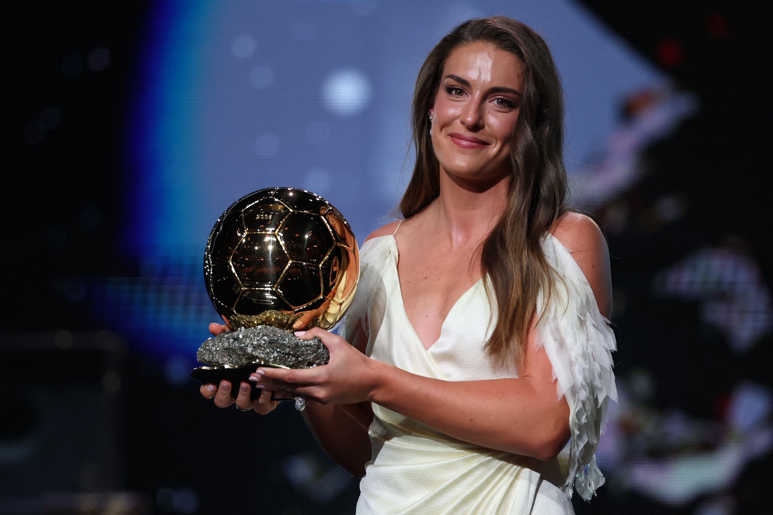 Alexia Putellas poses after receiving the Ballon d'Or award for the best female footballer. Photograph: Franck Fife/Getty