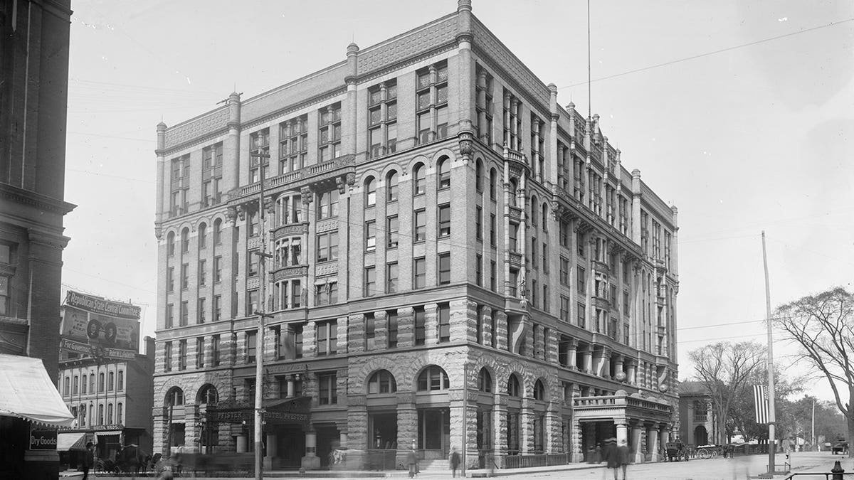 Black and white historic photo of Pfister