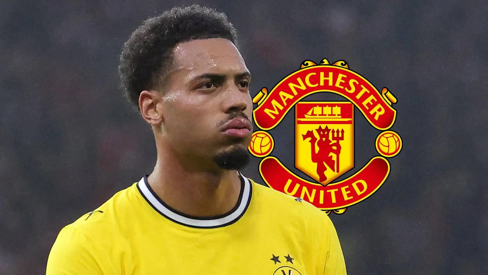 Borussia Dortmund star Felix Nmecha with a Man Utd badge