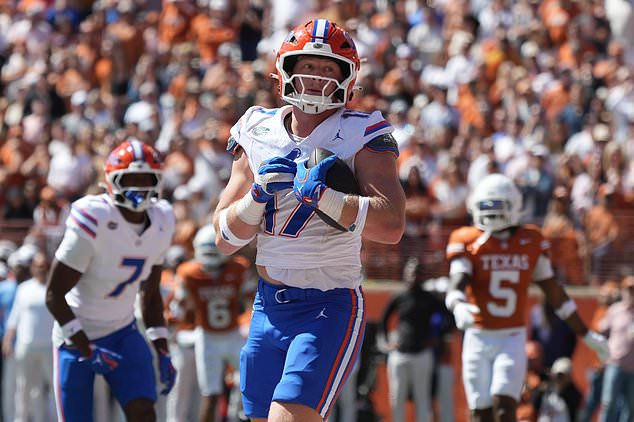 Florida tight end Lacota Dippre (17) catches a pass for a touchdown against Texas during the second half of an NCAA college football game in Austin, Texas, Saturday, Oct. 17, 2026. (AP Photo/Eric Gay)