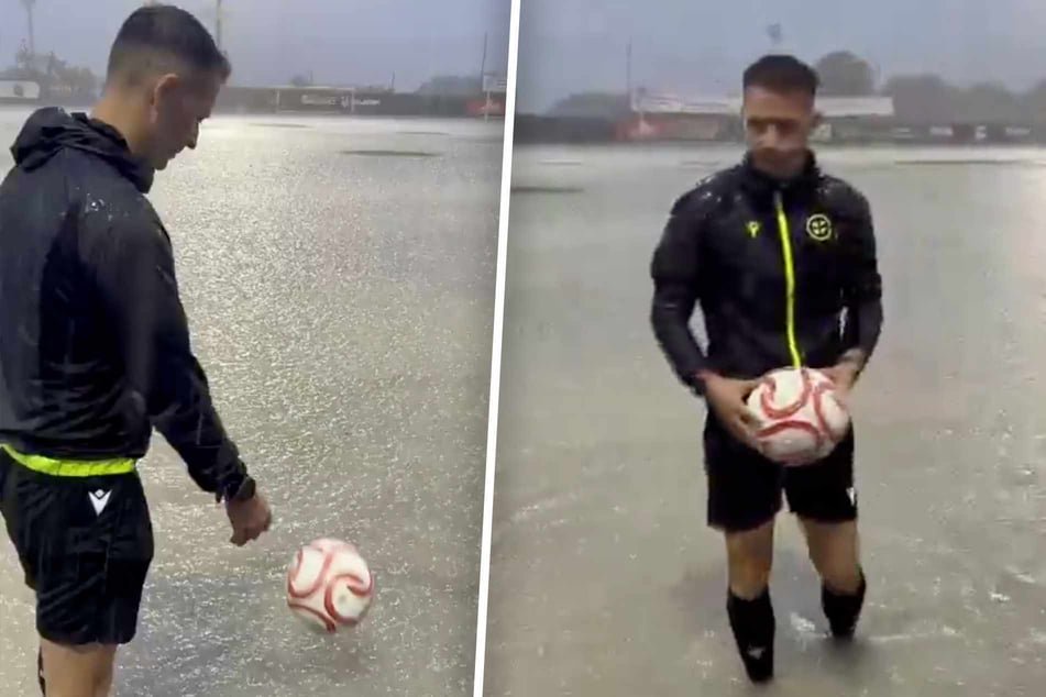 Der Unparteiische musste sich selbst davon überzeugen, dass der "Platz" vielleicht nicht die perfekten Fußball-Bedingungen aufweist.