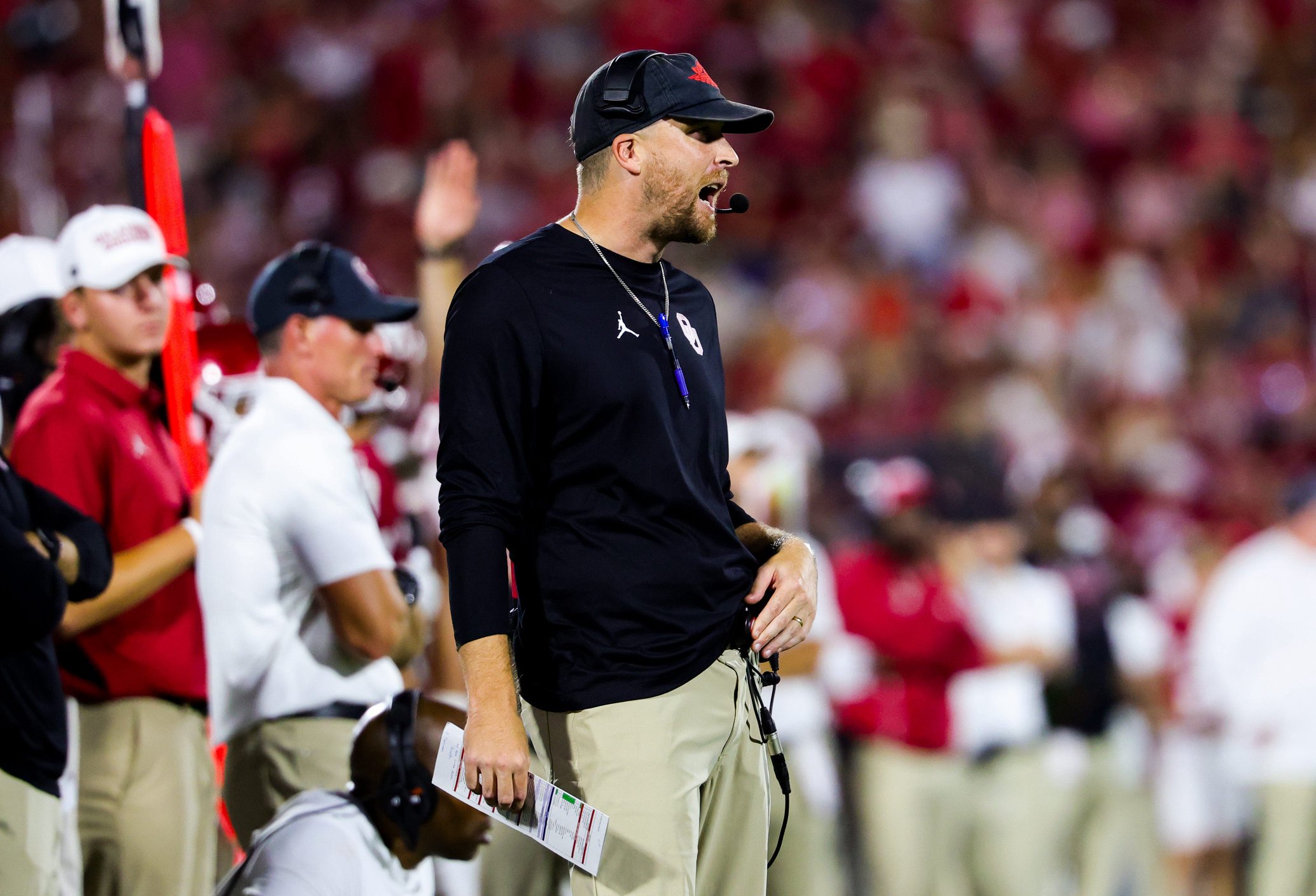Sep 19, 2026; Norman, Oklahoma, USA;  Oklahoma Sooners offensive coordinator Ben Arbuckle reacts during the second half against the New Mexico Lobos at Gaylord Family-Oklahoma Memorial Stadium. Mandatory Credit: Kevin Jairaj-Imagn Images