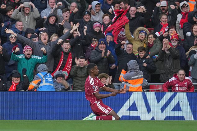 Liverpool's Alexander Isak celebrates after scoring his side's second goal during the English Premier League soccer match between Liverpool and Brighton and Hove Albion in Liverpool, England, Sunday, Oct. 25, 2026. (AP Photo/Jon Super)