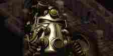 Power armor from Fallout 1 over a background interior from Fallout 2.