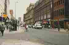 Looking along Deansgate, Manchester, in 1988
