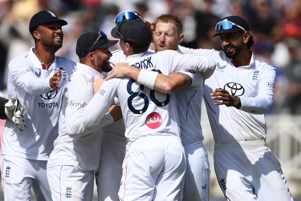 Stokes celebrated with his teammates after the dismissal of Zak Foulkes