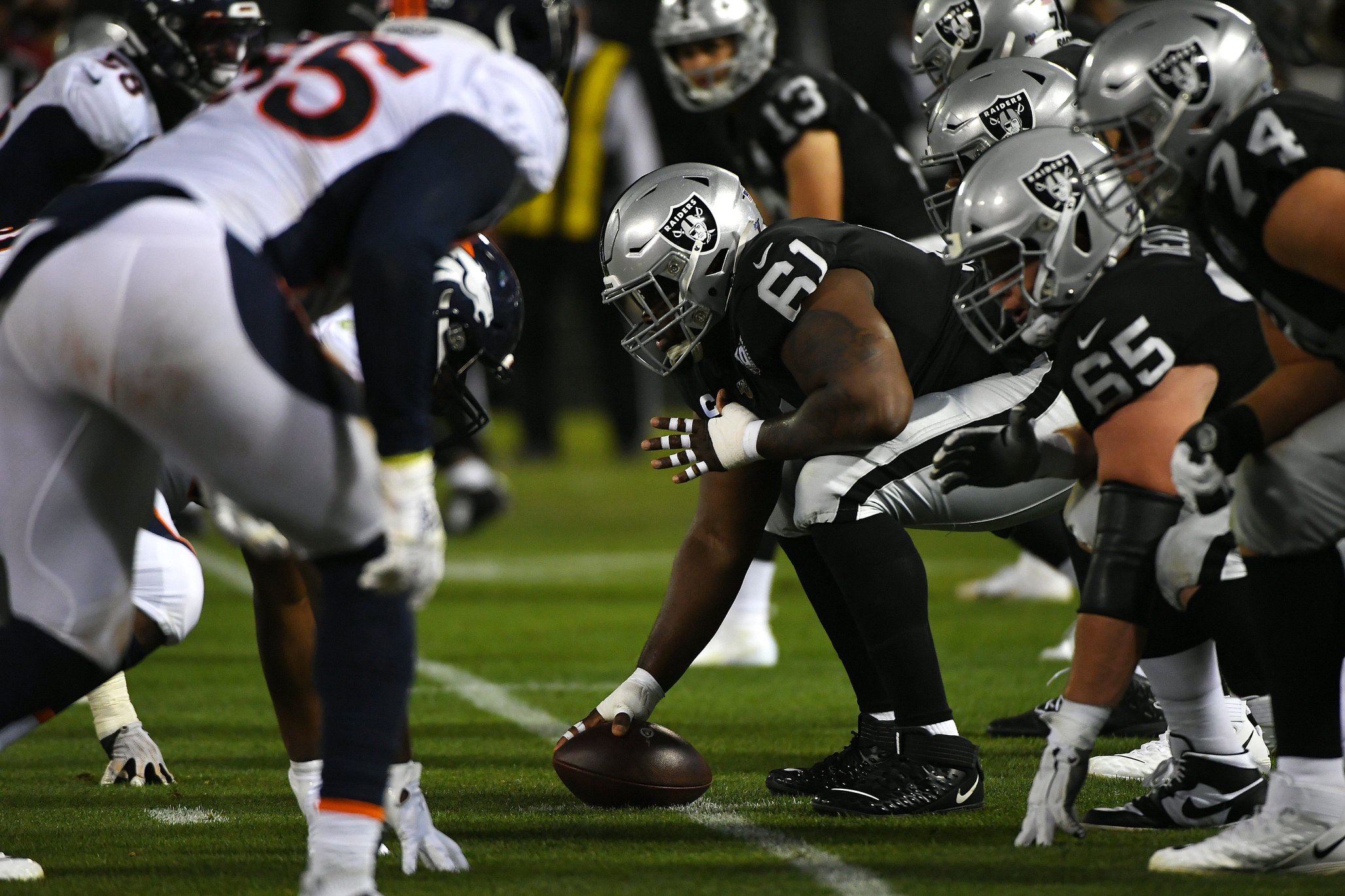OAKLAND, CALIFORNIA - SEPTEMBER 09: The Oakland Raiders line up against the Denver Broncos during their NFL game at RingCentral Coliseum on September 09, 2019 in Oakland, California. (Photo by Robert Reiners/Getty Images)