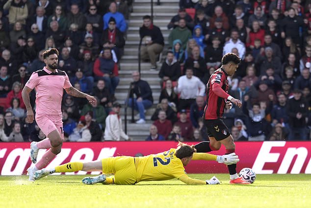 Evanilson rounds Robin Roefs and scores Bournemouth´s second against Sunderland (PA)
