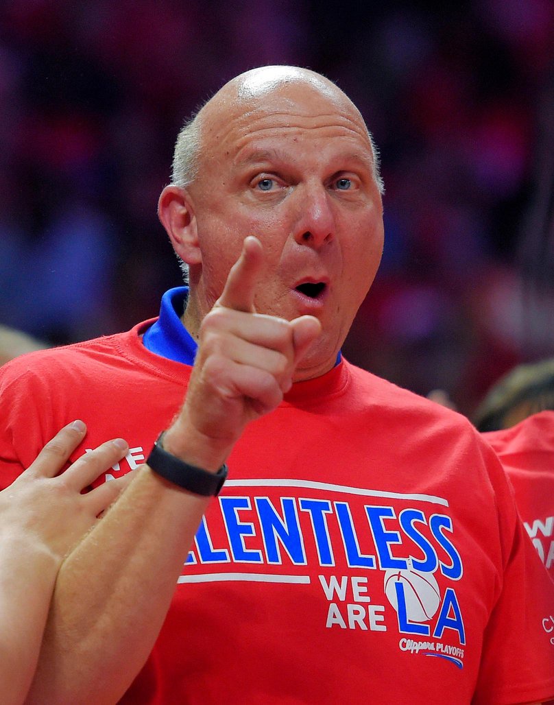 Los Angeles Clippers owner Steve Ballmer celebrates after guard Chris Paul hit a last second basket
